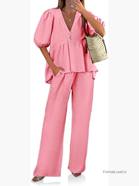 Pants - 2 Piece Linen Sets Summer Outfits V Neck Puff Sleeve Babydoll Tops Wide Leg